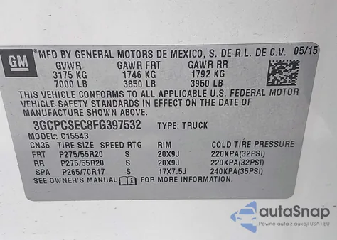 2015 Chevrolet Silverado 1500 1Lz z USA, uszkodzony, nr VIN 3GCPCSEC8FG397532